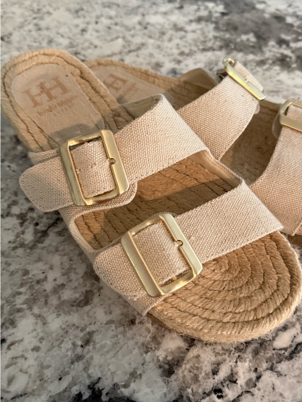 Haute Hippie - Neutral Canvas Buckle Slide Sandals - Beige